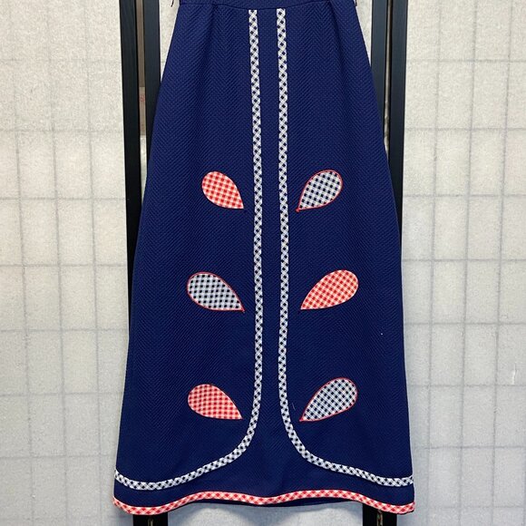 Vintage Polyester Double Knit Long Hostess Dress 10 Appliqued Gingham Sleeveless - Picture 10 of 12